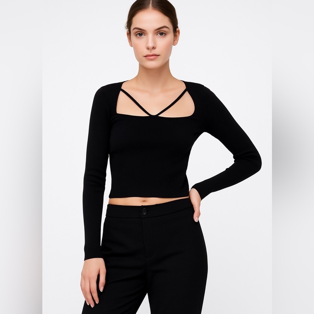 ZARA Square Neck Ribbed Long Sleeve Top – Black